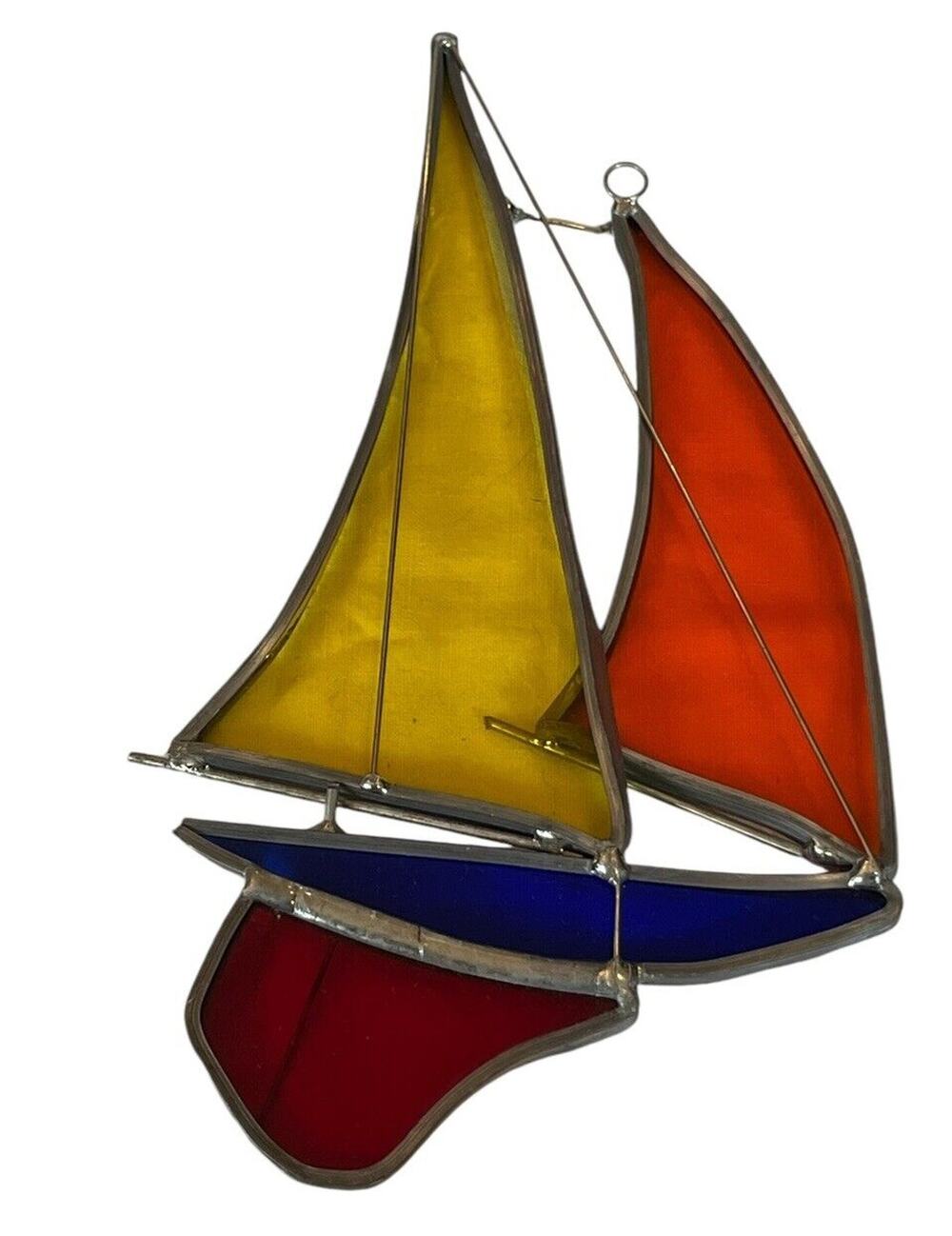 3D Stained Glass Sailboat Orange Red Yellow 7” Sun Catcher Nautical Beach Ocean